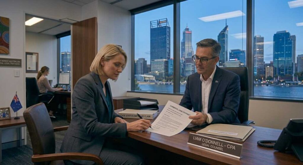 A female and male professional reviewing documents in a high-rise office with a Perth city skyline background.