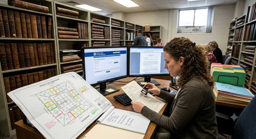 A woman with curly hair conducts chain-of-title research at a desk surrounded by old books in a public records office.