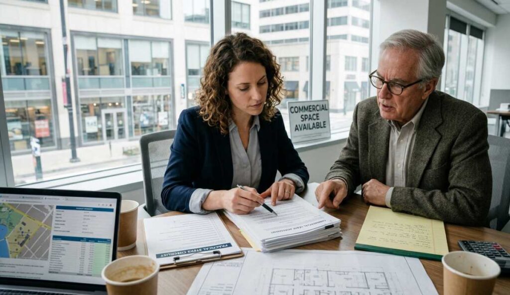 Two business professionals reviewing a lease checklist, financial spreadsheets on a laptop, and office blueprints at a sunlit desk.