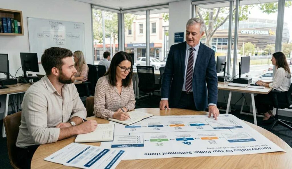 A senior Australian lawyer in a Sydney office presents a detailed digital chart titled "Corporate Structuring Map" and its benefits to two young clients.