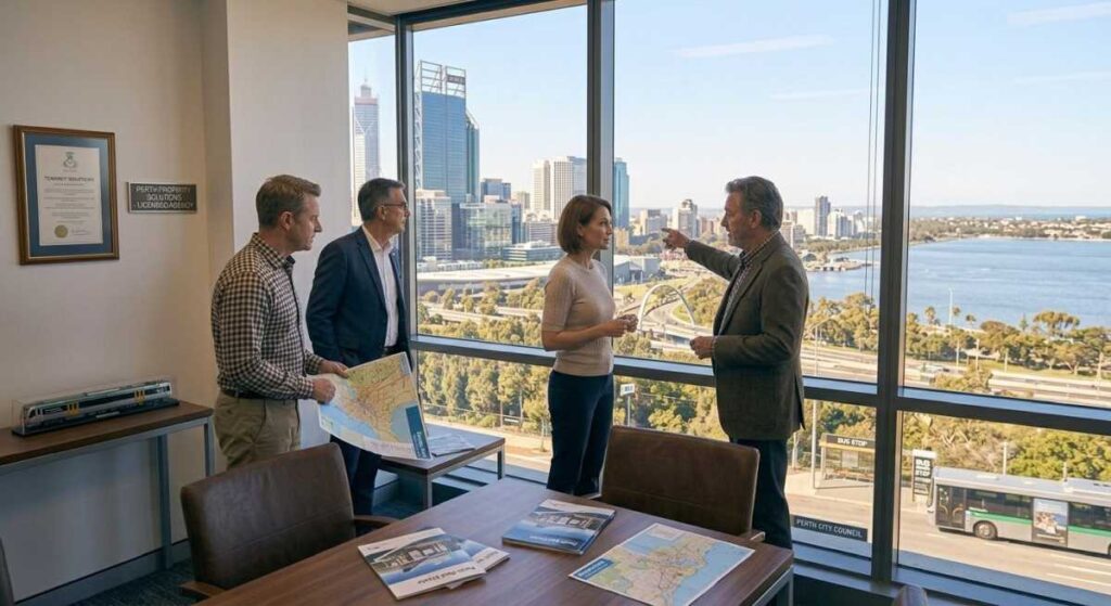 A small business team of four during a financial consultation meeting in a Perth office overlooking the Swan River and city skyline.