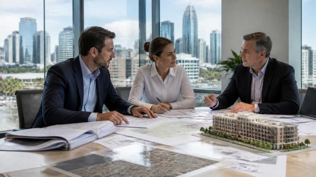 A team of three property development professionals in an Australian corporate office collaborating over architectural blueprints and a building scale model to strategize local council zoning changes and development permit applications. The modern workspace features floor-to-ceiling windows overlooking a prominent city skyline.