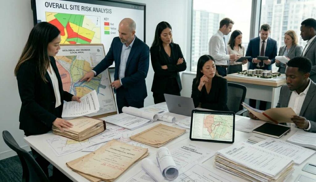 A real estate and legal team analyzes extensive property documents beyond the certificate of title. Professionals review large stacks of public records, look over a local drainage map on an easel, and check an overall site risk analysis chart displayed on a wall screen.