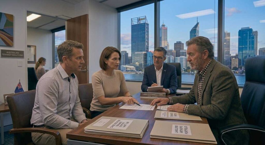 Four business professionals in discussion around a wooden desk, with one woman pointing at a paper, set against a twilight view of the Perth city skyline and Swan River.