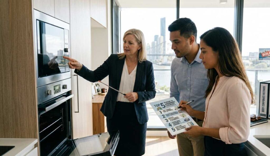 During a home inspection, a professional points to a built-in oven while a couple reviews a "Top 5" checklist. The woman holds the checklist and a pen, cross-referencing the home's features. A "SOLD" sign and the Brisbane skyline are visible through the window.