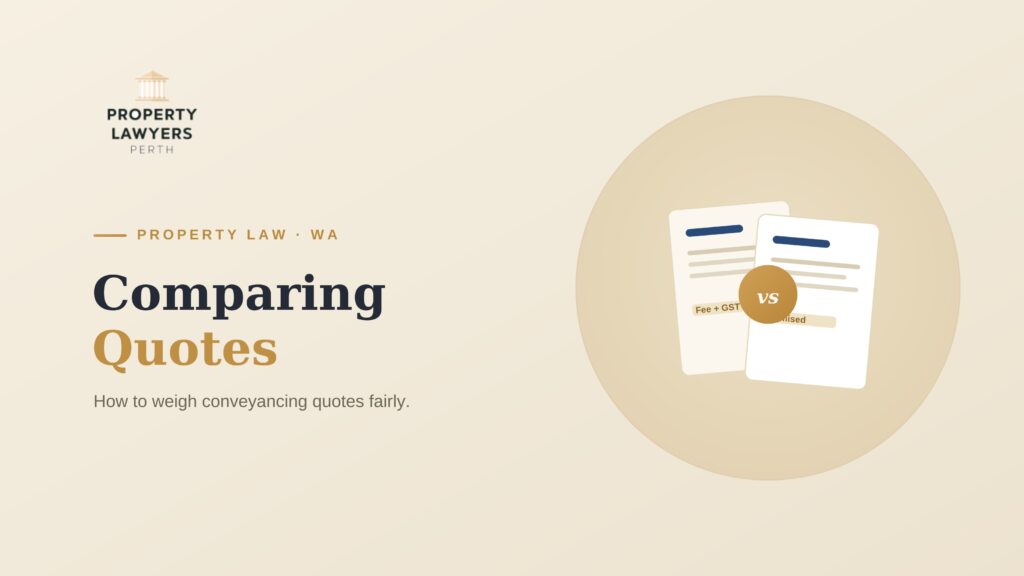 Two conveyancing quote documents side by side with a versus badge, on how to compare conveyancing quotes fairly