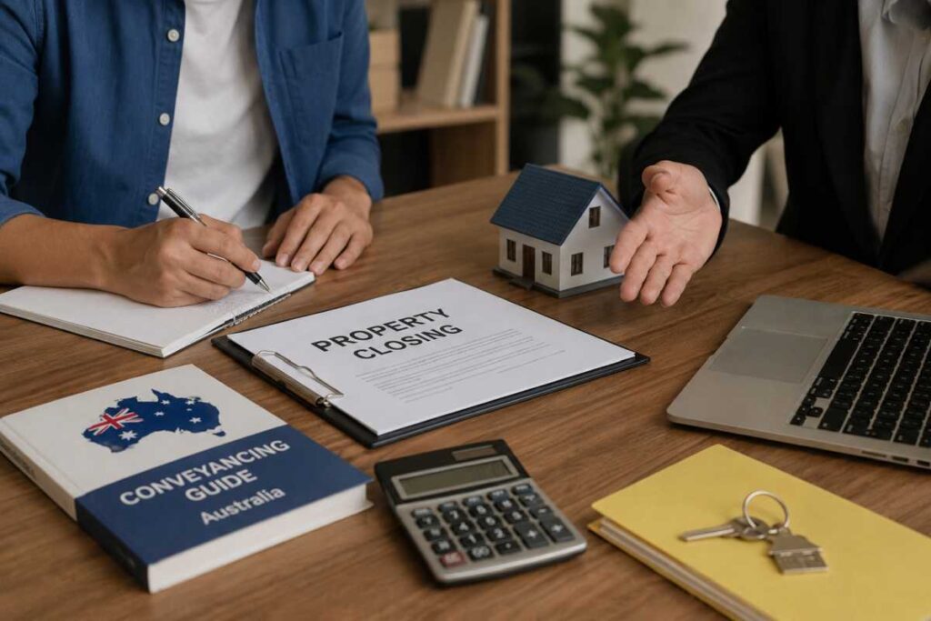 Real estate agent helping a couple prepare for property settlement in Australia.