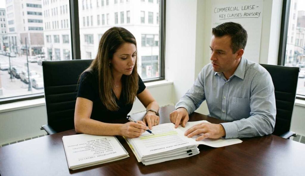 A businesswoman pointing a pen toward a highlighted clause in a commercial contract while strategizing with an advisor in a conference room.