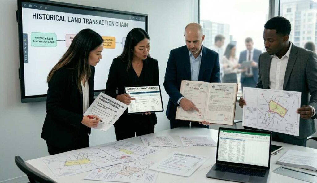 A professional team conducts a land title search around a table covered in property maps. A man points to an open deed binder while colleagues hold up an easement checklist on a tablet and a land survey map against a digital historical transaction background.