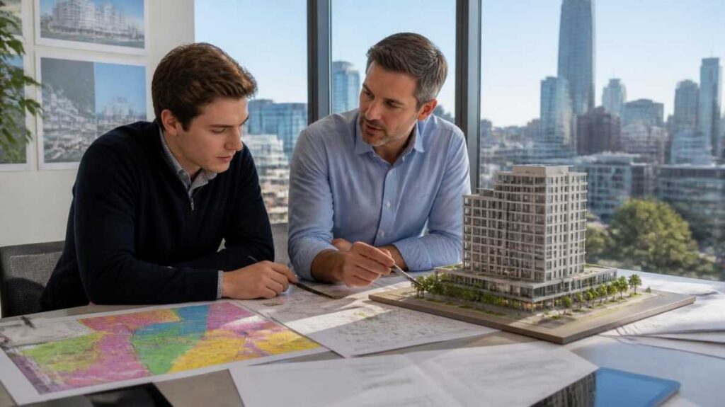 Two property development consultants in a high-rise office analyzing a color-coded zoning map and a detailed architectural scale model to secure planning permits and land use re-zoning for a new commercial project in Australia. The desk is covered in development paperwork with a bright urban skyline in the background.