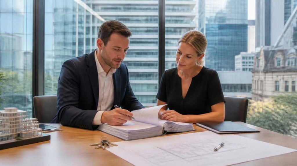 Two corporate professionals collaborating at a desk to review the terms of a comprehensive long-term commercial lease agreement. The workspace contains architectural blueprints, building keys, and a miniature property model, set against a backdrop of a modern city skyline visible through large office windows.
