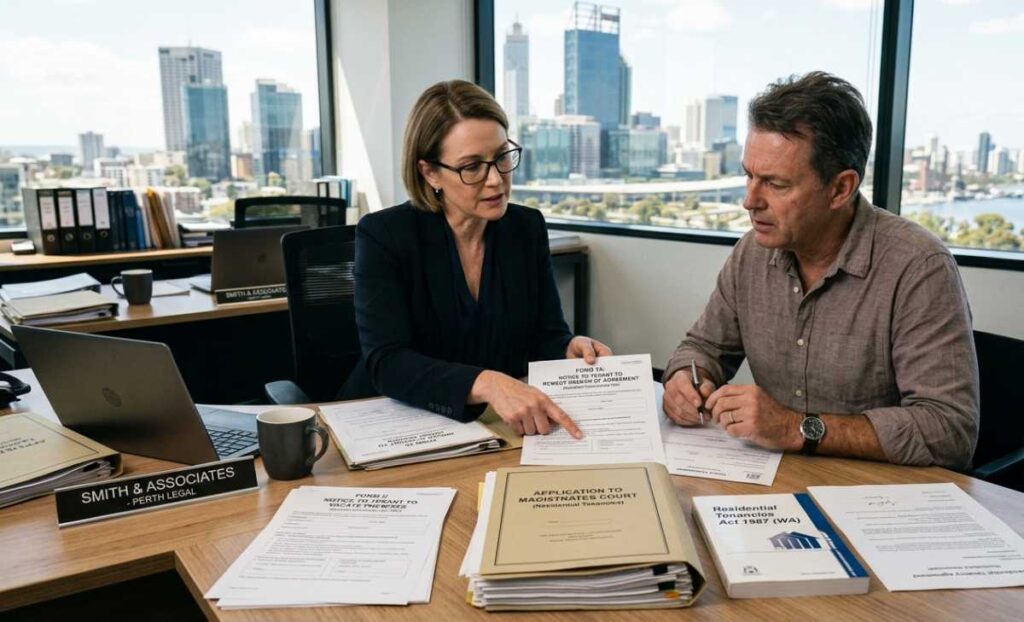 A lawyer points to a notice for a client to remedy a tenancy breach in a Perth office overlooking the city skyline.