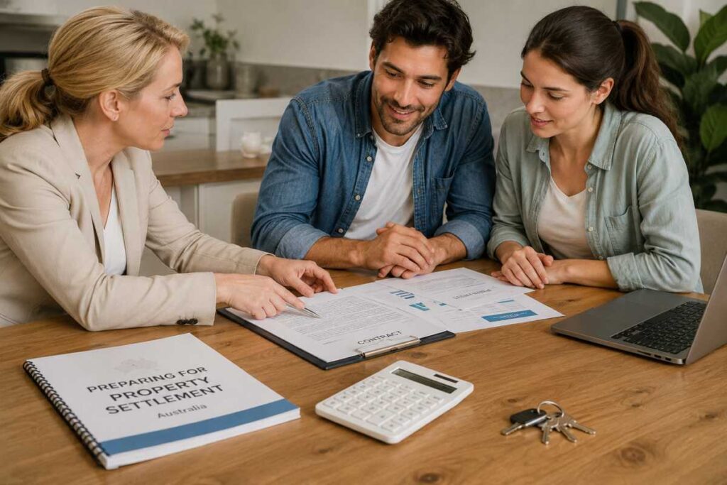 People reviewing property closing documents in an Australian office.