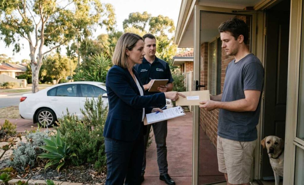 A woman in a blazer and a man hand official papers to a resident at his front door.