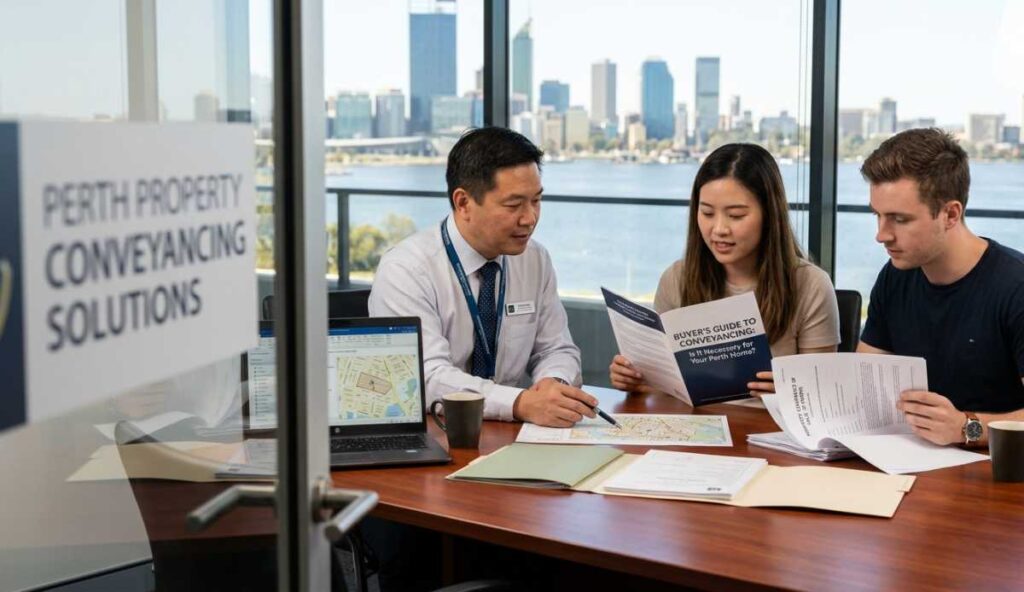 In a Perth law office overlooking Optus Stadium, a senior lawyer leads a workshop with two clients, pointing to a large printed conveyancing flow chart titled "The Settlement Journey.