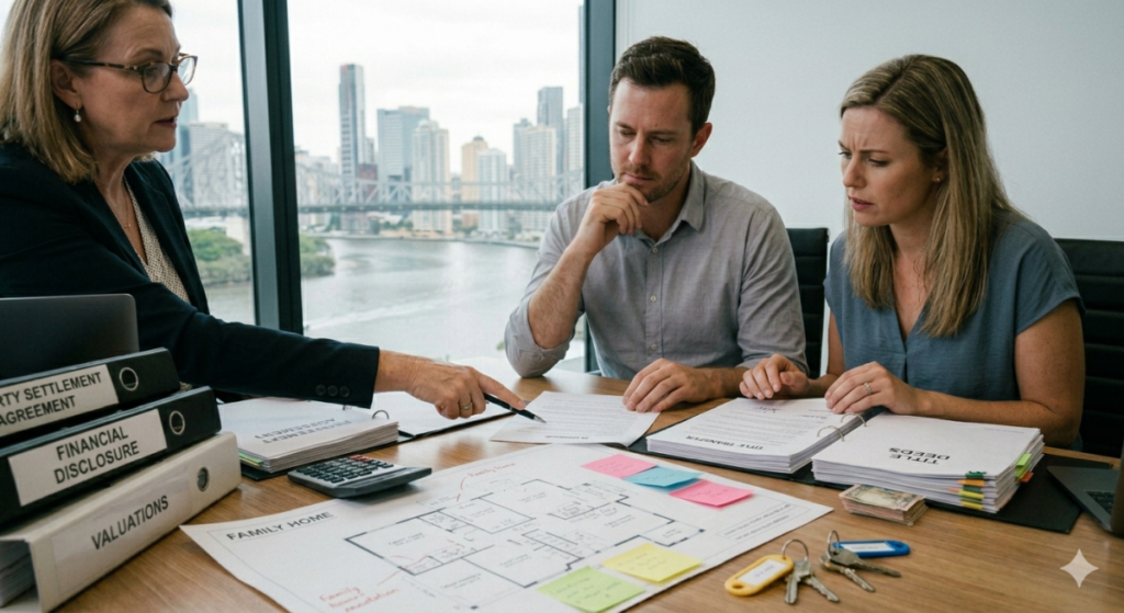 A man and woman sit in a professional office overlooking a city river and bridge, discussing property settlement with a lawyer. The desk is covered with organized binders for financial disclosure and valuations, a "Family Home" floor plan, and sets of house keys.