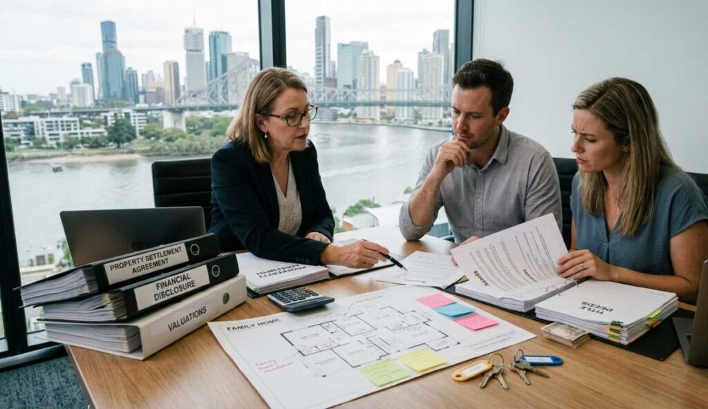 A professional legal meeting regarding property division. A female lawyer points to a document for a couple to review. The workspace includes binders labeled for settlement and disclosure, sticky notes on a floor plan, and keys, set against a bright city skyline background.