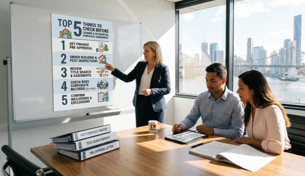 A legal professional in a boardroom points to a "Top 5 Things to Check" poster on a whiteboard for a young couple. The checklist includes: finance pre-approval, building and pest inspections, title search, body corporate records, and inclusions/exclusions. Binders for body corporate minutes and title search reports sit on the table.