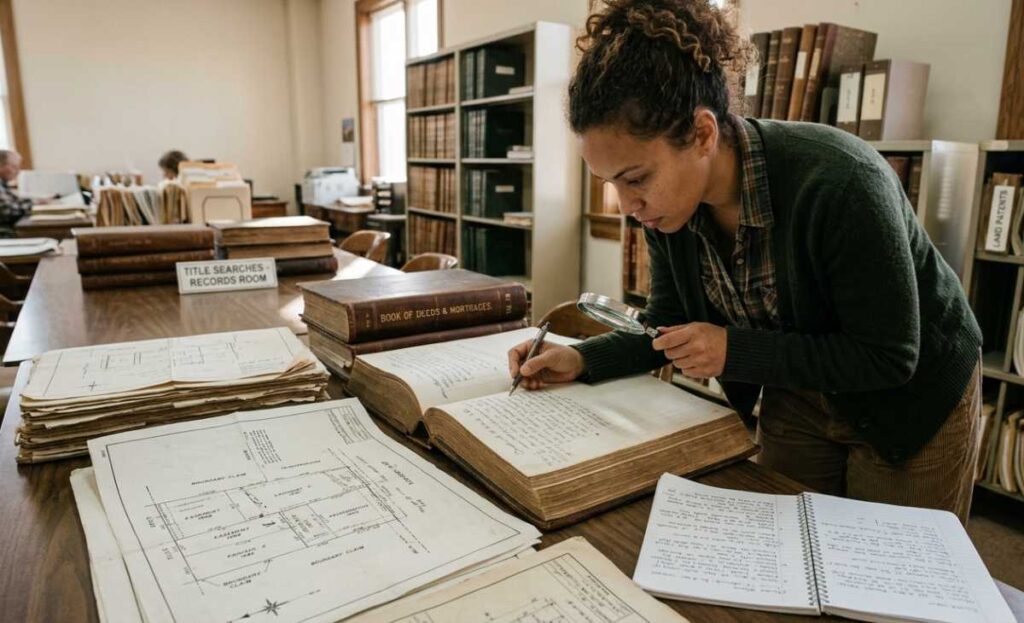 A woman carefully reads ancient deed records with a magnifying glass and surveys maps to conduct a thorough land title search.