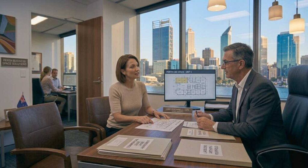 A man and a woman in the foreground at a desk with financial papers and a monitor showing data, during a professional meeting against a twilight Perth CBD and river background.