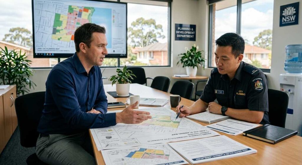 A property developer discussing local zoning changes and building permits with a New South Wales city planning officer. The two men are seated at an office desk reviewing large color-coded land use maps, with a digital planning map displayed on a monitor in the background.